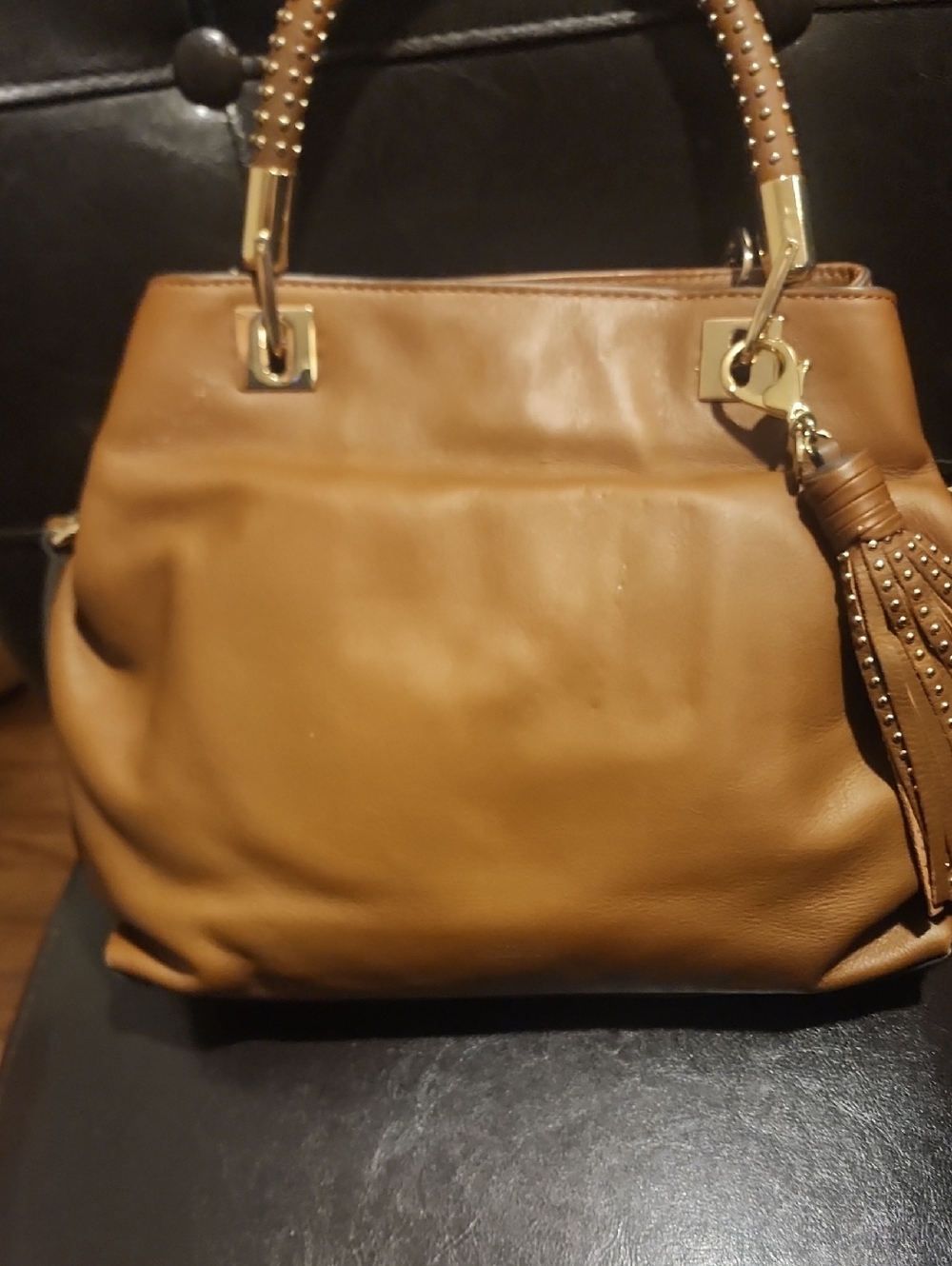Vince Camuto Tan Leather Shoulder Bag with Studded Tassel